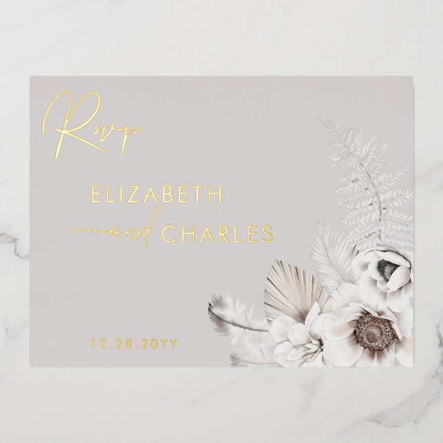 Boho Floral Winter Rustic Botanical RSVP Foil Invitation Postcard (Front)