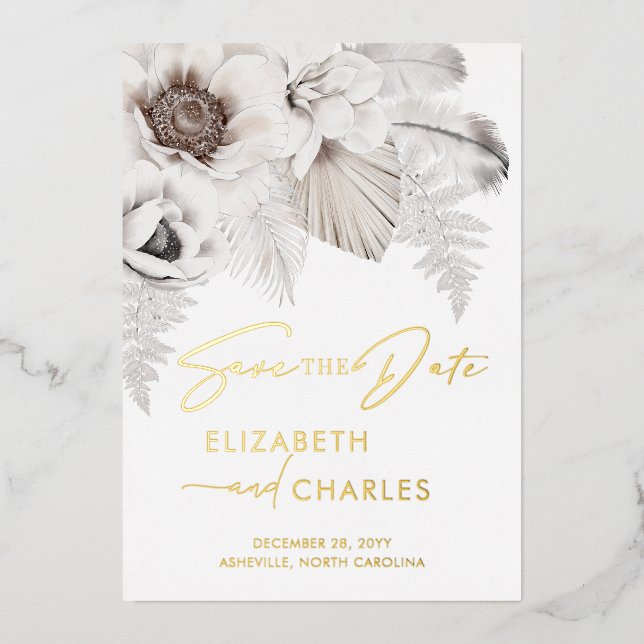Boho Floral Winter Rustic Botanical Save The Date Foil Invitation (Front)