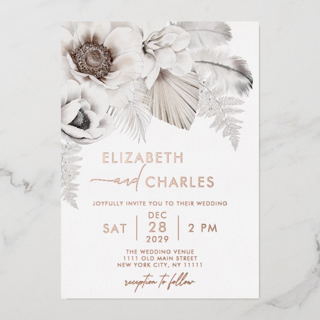 Boho Floral Winter Rustic Botanical Wedding Foil Invitation (Front)