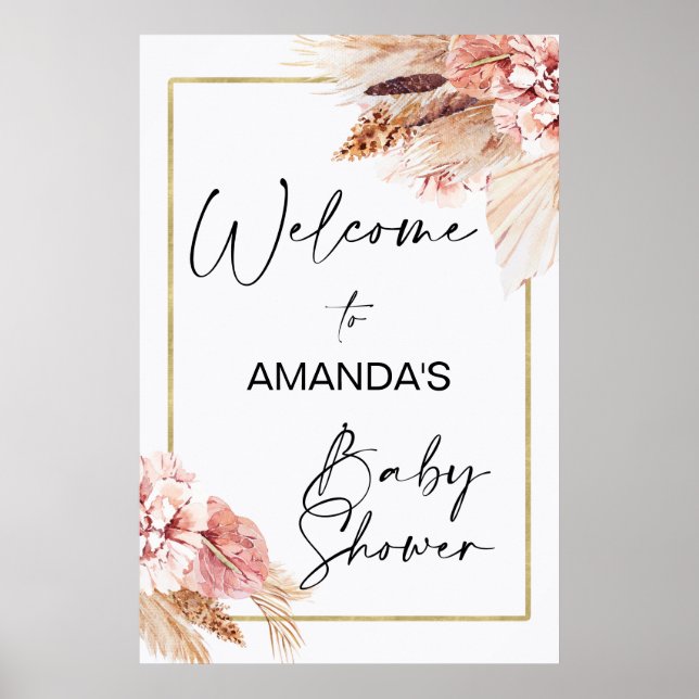 Boho Floral with Pampas Grass Welcome Baby Shower  Poster (Front)