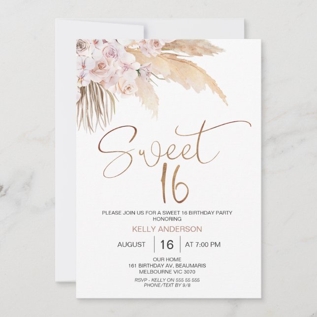 Boho Floral With Pampas Sweet 16 Birthday Invitation (Front)