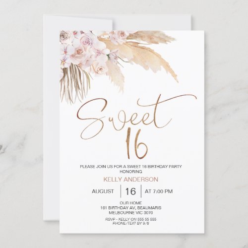 Boho Floral With Pampas Sweet 16 Birthday Invitation