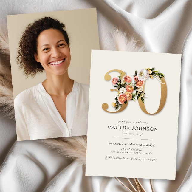 Boho Floral with Photo 30th Birthday Invitation (Boho Floral with Photo 30th Birthday Invitation)