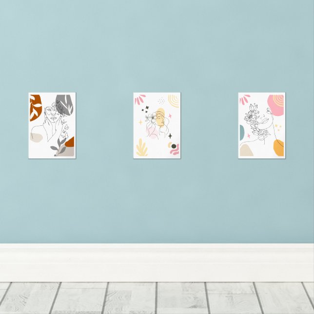 Boho Floral Woman Abstract Line Art Wall Art Sets (Wood Floor)
