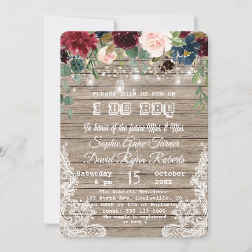 Boho Floral Wood Mason Jar Lights I DO BBQ Invitation