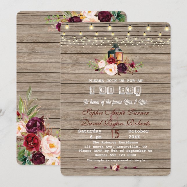 Boho Floral Wood Mason Jar Lights I DO BBQ Invitation (Front/Back)