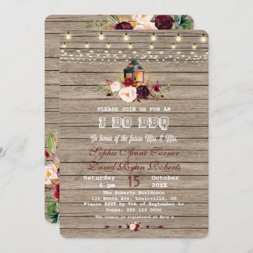 Boho Floral Wood Mason Jar Lights I DO BBQ Invitation