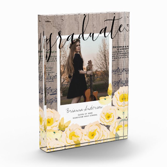 Boho Floral Wood Music Graduation Photo Block (Left)