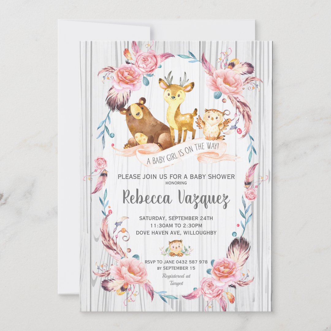 Boho Floral Woodland Animals Baby Shower Girl Invitation | Zazzle