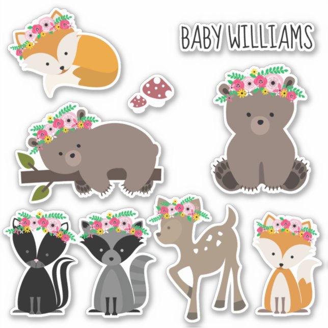 Boho Floral Woodland Animals Baby Sticker (Front)