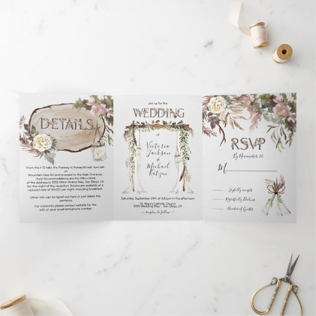 Boho Floral Woodland Wedding Tri-Fold Invitation (Inside)