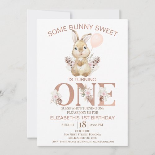 Boho Floral Word Bunny Rabbit 1st Birthday Invitation