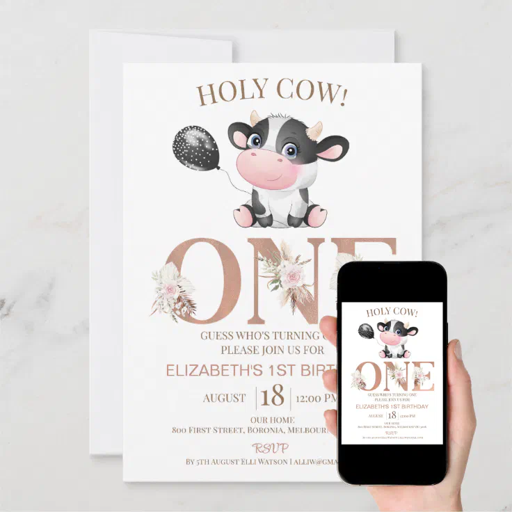 Boho Floral Word Holy Cow 1st Birthday Invitation (Downloadable)