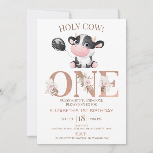 Boho Floral Word Holy Cow 1st Birthday Invitation