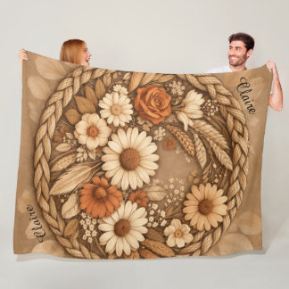 Boho Floral Woven Circle Customizable Fleece Blanket