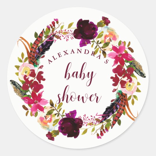 Boho Floral Wreath | Baby Shower Classic Round Sticker | Zazzle.com