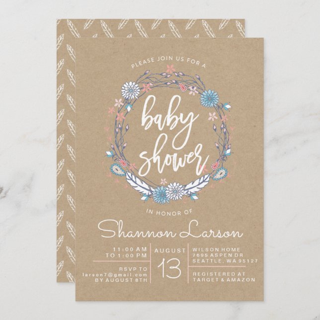 Boho Floral Wreath Baby Shower Invitation (Front/Back)