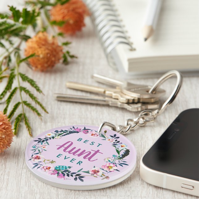 Boho Floral Wreath Best Aunt Ever Photo Keychain (Front Right)