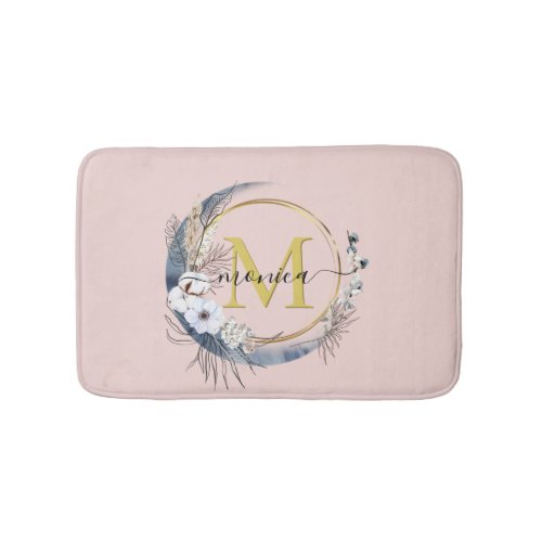 Boho Floral Wreath Blush Pink Monogram Name Bath Mat