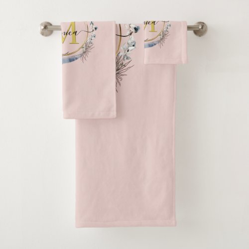 Boho Floral Wreath Blush Pink Monogram Name Bath Towel Set