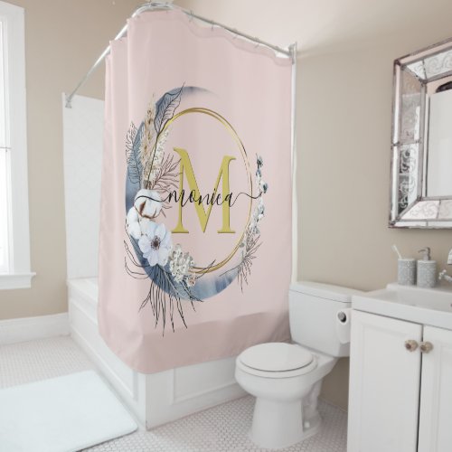 Boho Floral Wreath Blush Pink Monogram Name Shower Curtain