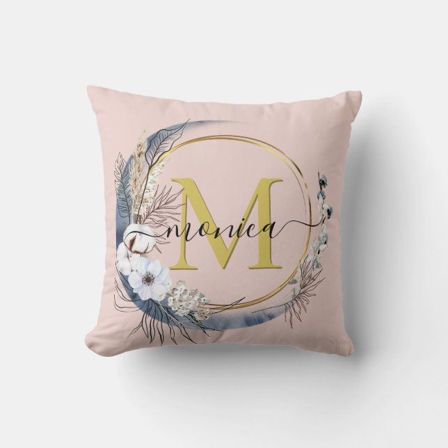 Boho Floral Wreath Blush Pink Monogram Name Throw Pillow (Front)
