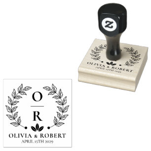 Boho floral wreath botanical wedding monogram logo rubber stamp