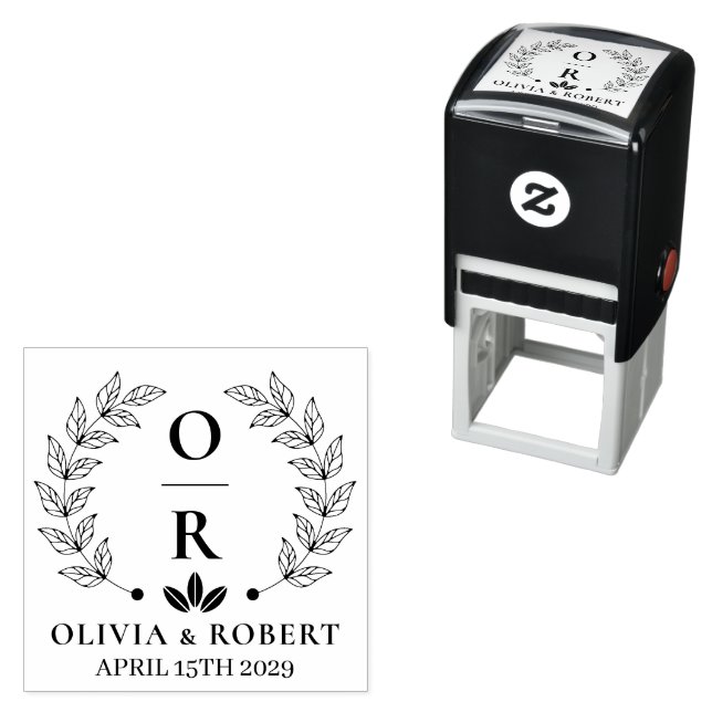 Boho floral wreath botanical wedding monogram logo self-inking stamp (In Situ)
