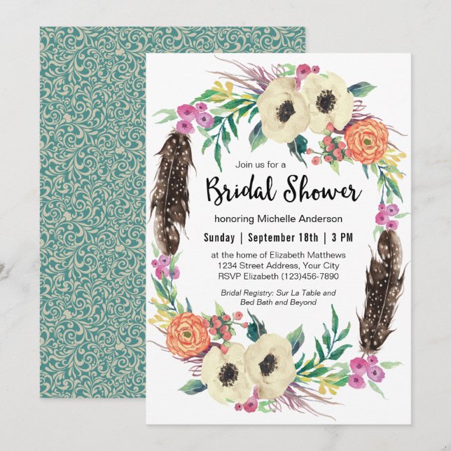 Boho Floral Wreath Bridal Shower Invitation (Front/Back)