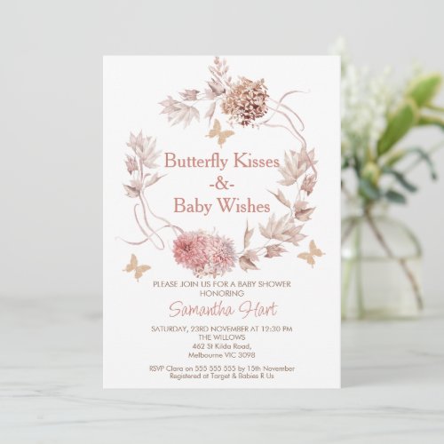 Boho Floral Wreath Butterfly Kisses Baby Shower Invitation