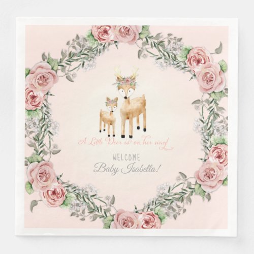 Boho Floral Wreath Deer Antler Baby Girl Shower Paper Dinner Napkins