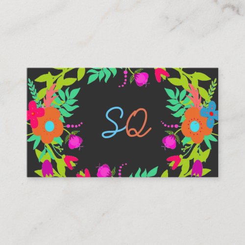 Boho Floral Wreath On Black Two Color Type Business Card