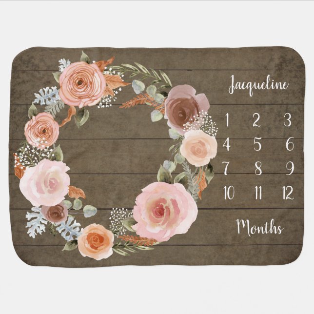 BOHO Floral Wreath Rustic Monthly Milestone Girl Baby Blanket (Horizontal)
