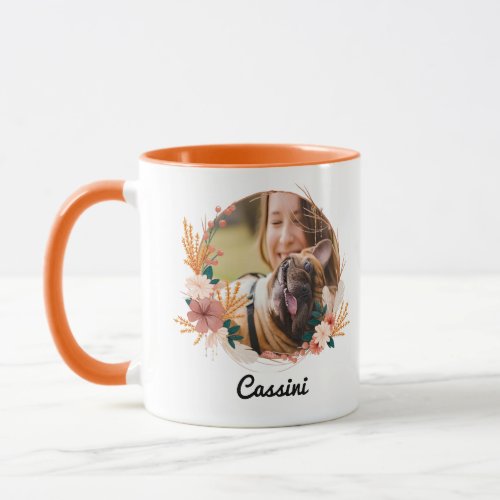 Boho Floral Wreath script Name Dog Photo Mug