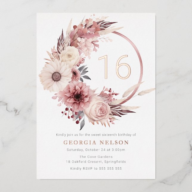 Boho Floral Wreath Sweet 16 Rose Gold Foil Invitation (Front)