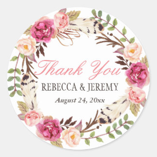 Boho Floral Wreath Thank You Wedding Favor Classic Round Sticker