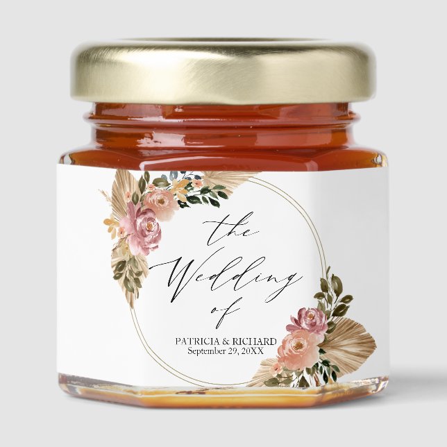 Boho Floral Wreath Wedding Honey Jar Favors (Front)