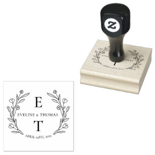 Boho floral wreath wedding monogram logo rubber stamp