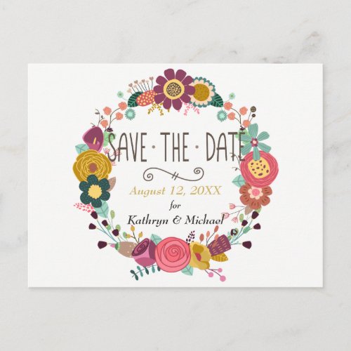 Boho Floral Wreath Wedding Save the Date Announcement Postcard