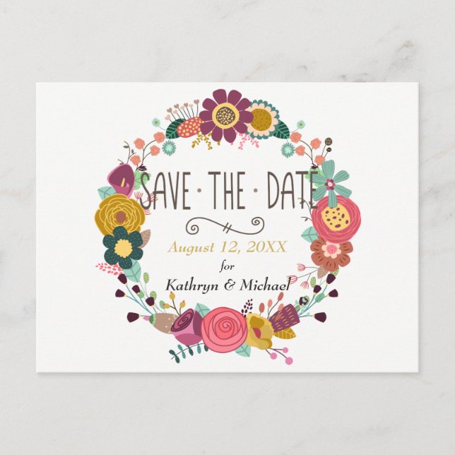 Boho Floral Wreath Wedding Save the Date Announcement Postcard (Front)