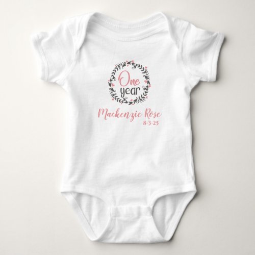 Boho Floral Wreath with Pink Hearts One Year Baby  Bodysuit