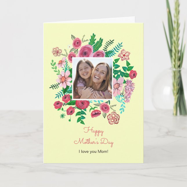 Boho floral yellow girly mothers day drawing card (Front)