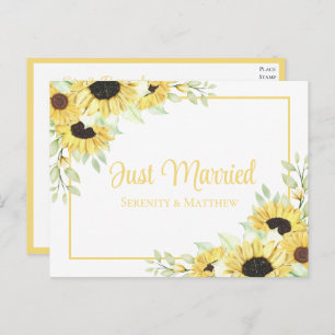 Boho Floral Yellow Sunflower Just Married Wedding Announcement Postcard