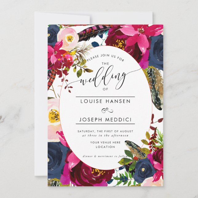 Boho Florals Burgundy Navy Watercolor Wedding Invitation (Front)