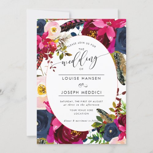 Boho Florals Burgundy Navy Watercolor Wedding Invitation