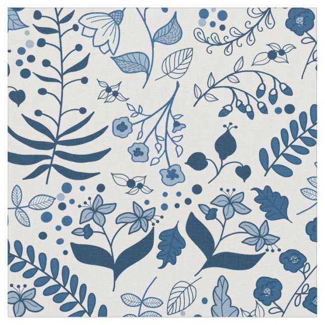 Boho Florals Classic Blues and White Fabric (Close Up)