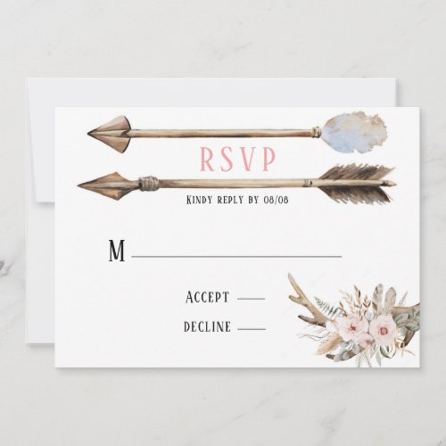 Boho Florals  Deer Antlers Arrows Wedding RSVP Invitation