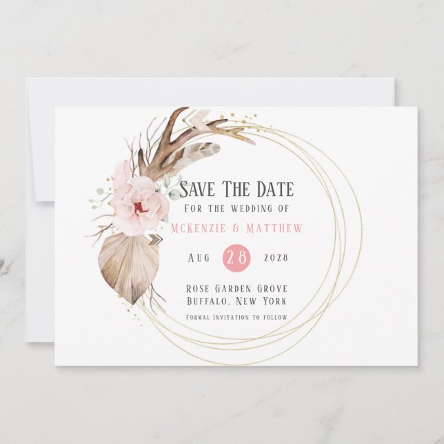 Boho Florals & Deer Antlers Save The Date Cards (Front)