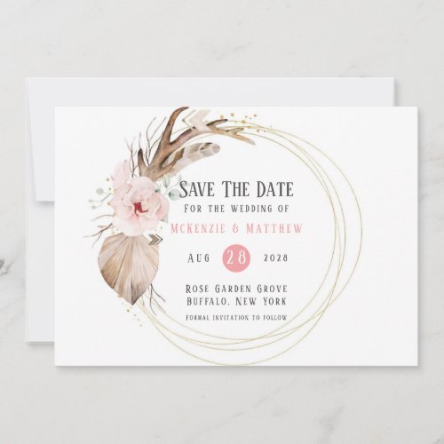 Boho Florals  Deer Antlers Save The Date Cards