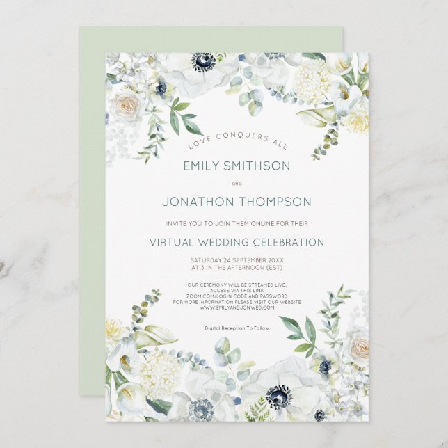 Boho Florals Eucalyptus Leaves Virtual Wedding Invitation (Front/Back)